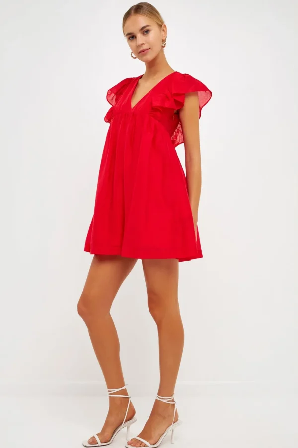 ENDLESS ROSE Tops*- Ruffled V Neck Mini Flounce Dress RED