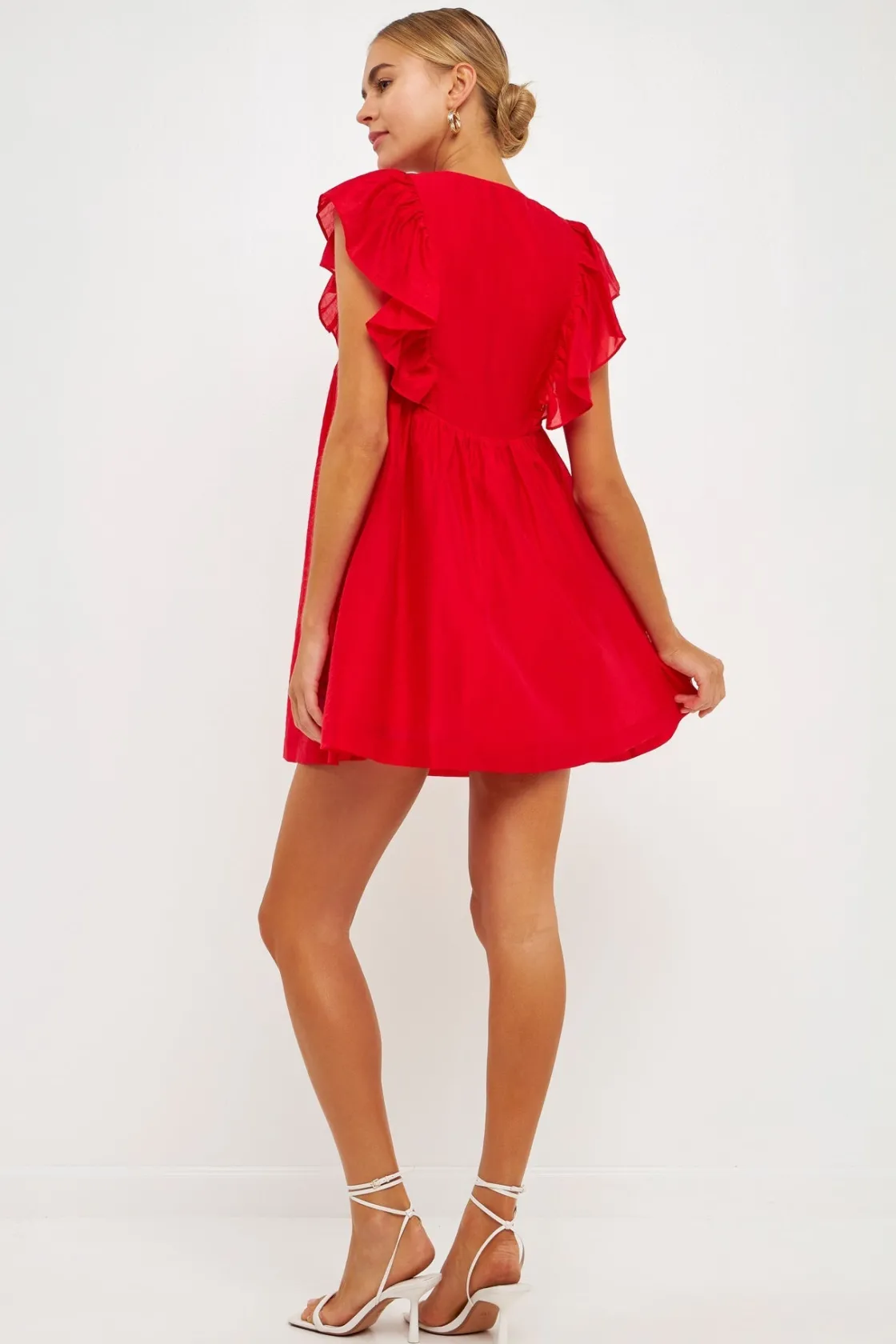 endless_rose__ruffled_v_n_2.webp ENDLESS ROSE Tops*- Ruffled V Neck Mini Flounce Dress RED