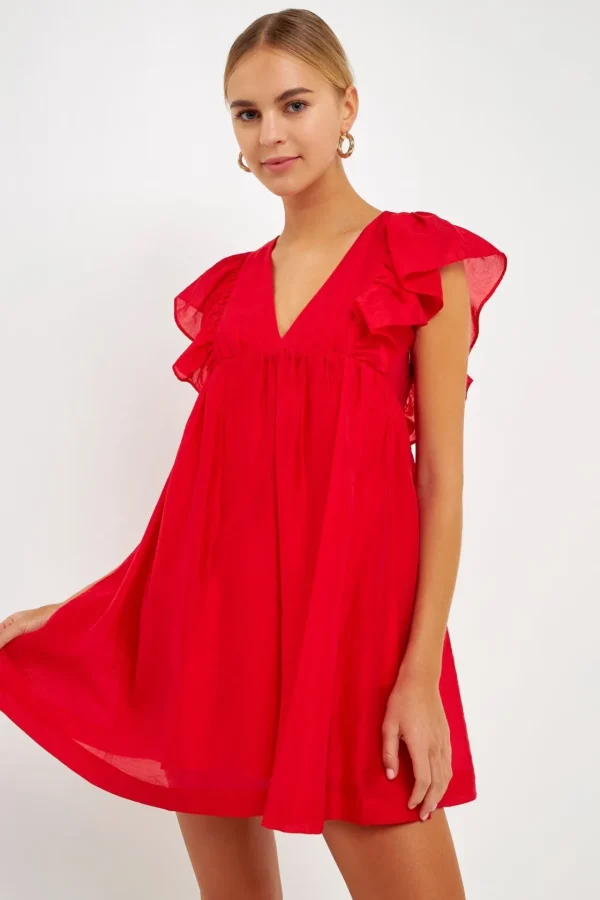 ENDLESS ROSE Tops*- Ruffled V Neck Mini Flounce Dress RED
