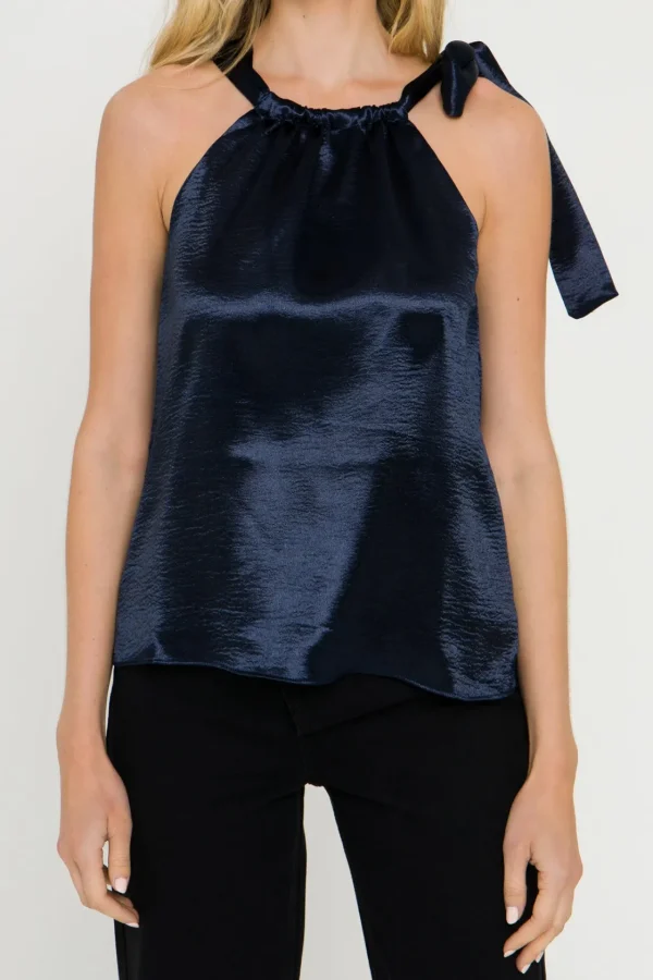 ENDLESS ROSE Tops*- Satin Halter Neck Tank Top NAVY
