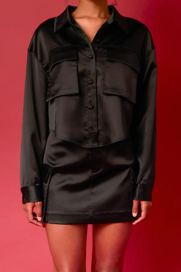 ENDLESS ROSE Matching Sets | Tops*- Satin Pocket Detailed Top BLACK
