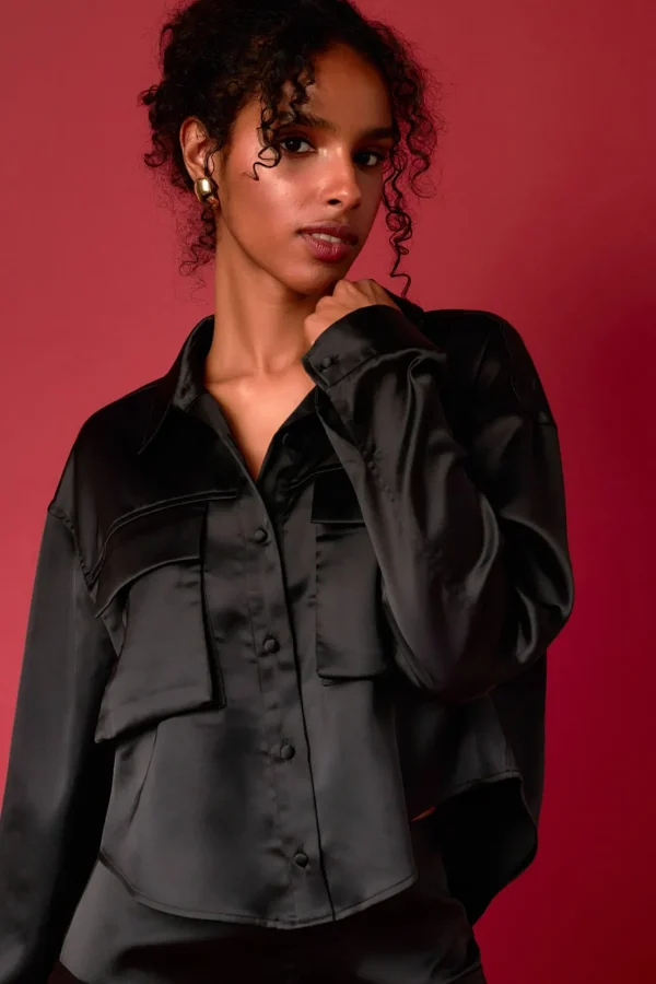 ENDLESS ROSE Matching Sets | Tops*- Satin Pocket Detailed Top BLACK