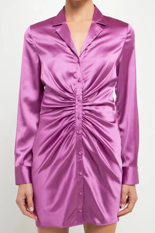 ENDLESS ROSE Satin Dresses | Tops*- Satin Ruched Long-Sleeve Mini Dress GRAPE