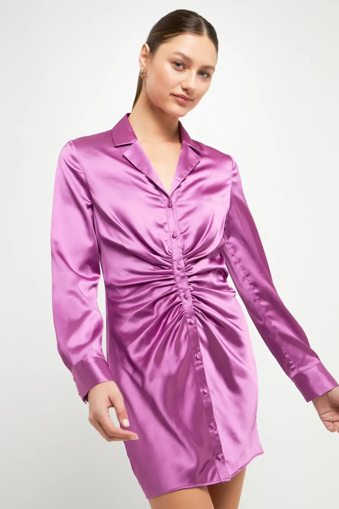 endless_rose__satin_ruche_3.webp ENDLESS ROSE Satin Dresses | Tops*- Satin Ruched Long-Sleeve Mini Dress GRAPE