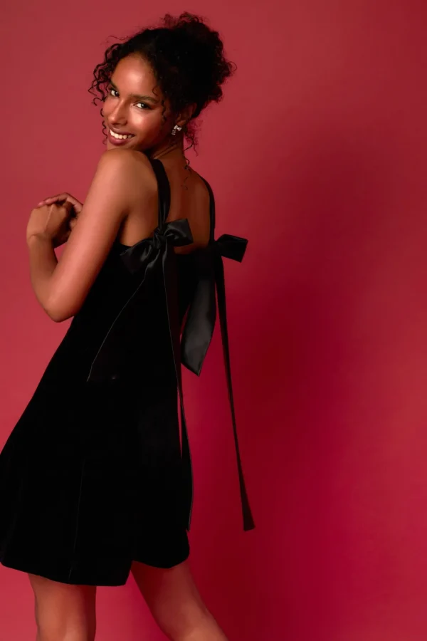 ENDLESS ROSE Satin Dresses | Tops*- Satin Tie Velvet Mini Dress BLACK