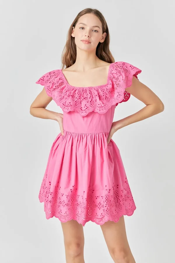 ENDLESS ROSE Tops*- Scalloped Off The Shoulder Mini Dress FUCHSIA