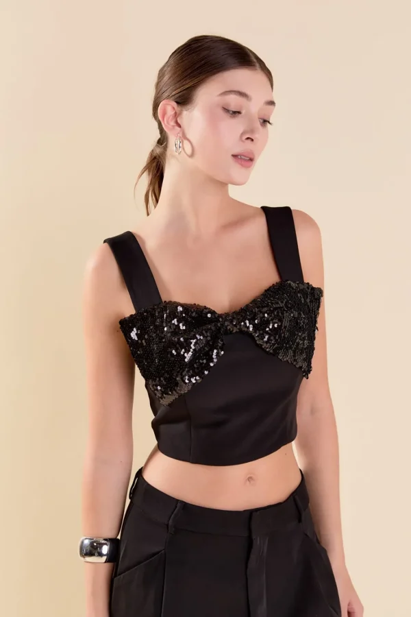ENDLESS ROSE Tops*- Sequin Bow Top BLACK