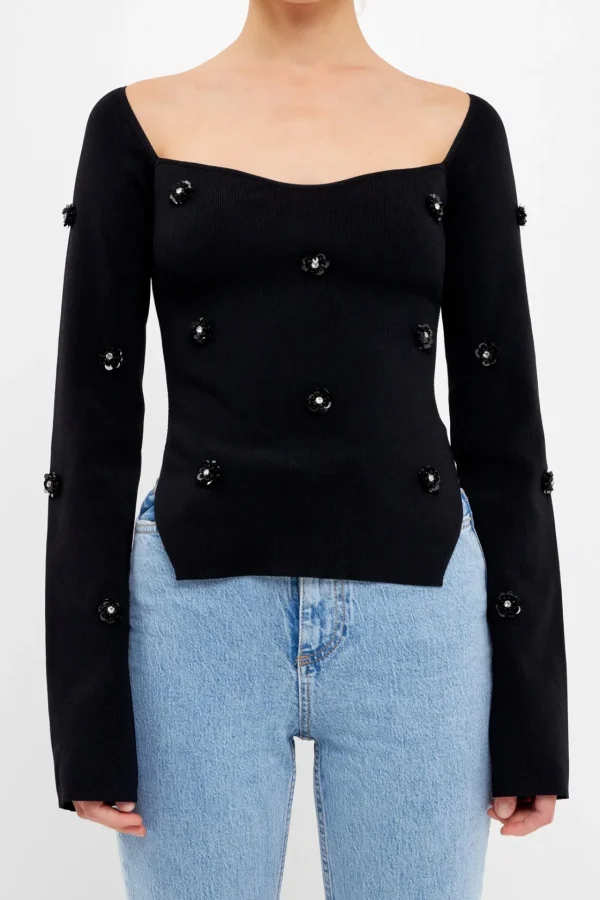 ENDLESS ROSE Sweaters & Knits*- Sequin Flower Sweater BLACK