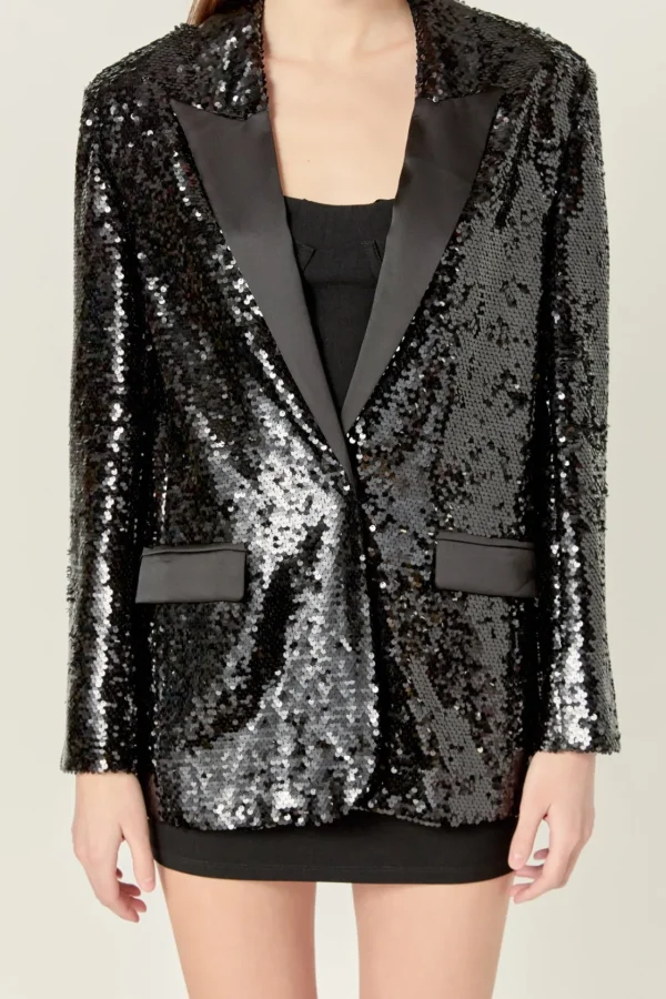 ENDLESS ROSE Jackets & Coats | Tops*- Sequin Oversized Jacket BLACK
