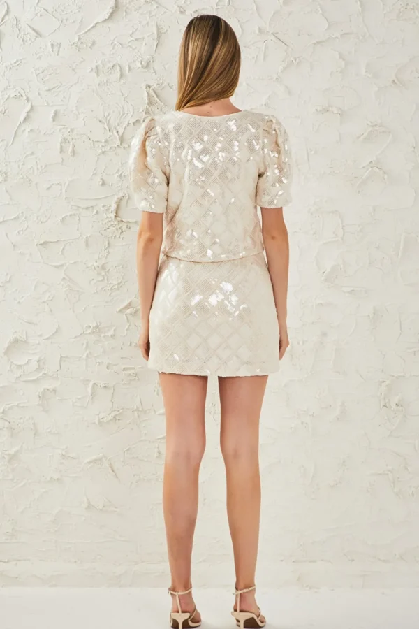 ENDLESS ROSE Matching Sets | Skirts*- Sequin Patchwork Crochet Pencil Skirt IVORY