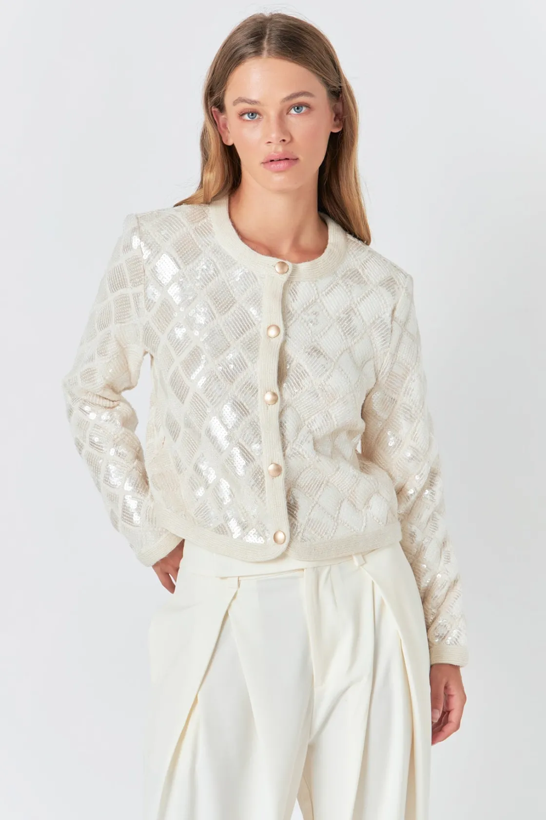 endless_rose__sequin_patc_3-1.webp ENDLESS ROSE Matching Sets | Jackets & Coats*- Sequin Patchwork Crochet Jacket IVORY
