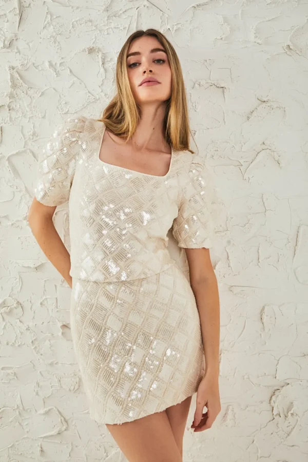 ENDLESS ROSE Matching Sets | Skirts*- Sequin Patchwork Crochet Pencil Skirt IVORY