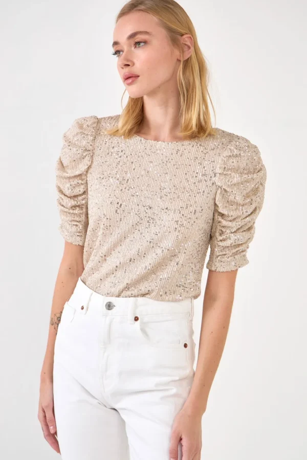 ENDLESS ROSE Tops*- Sequin Shirred Sleeve Top IVORY