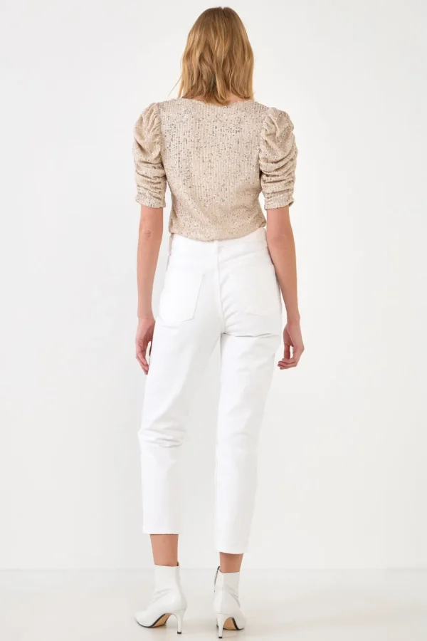 ENDLESS ROSE Tops*- Sequin Shirred Sleeve Top IVORY