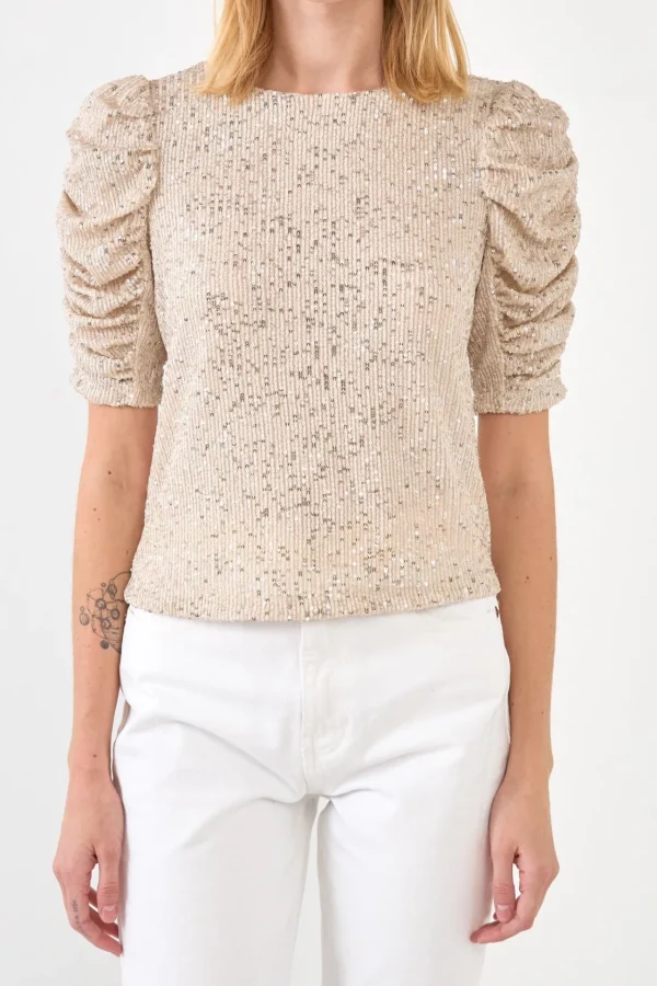 ENDLESS ROSE Tops*- Sequin Shirred Sleeve Top IVORY
