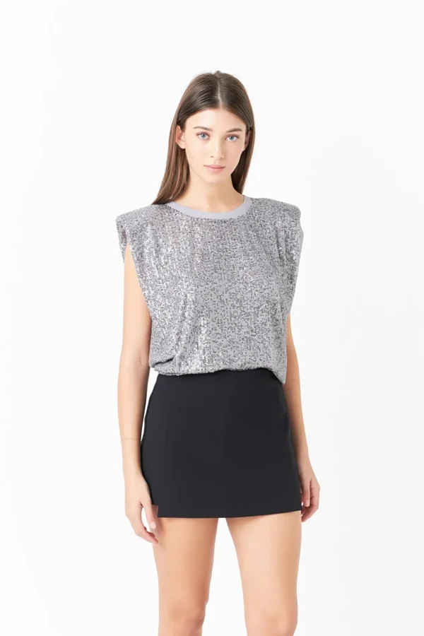 ENDLESS ROSE Tops*- Sequin Shoulder Pad Top