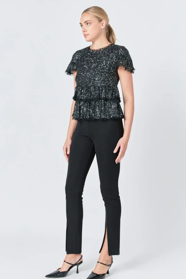 ENDLESS ROSE Tops*- Sequins Baby Doll Top with Mesh