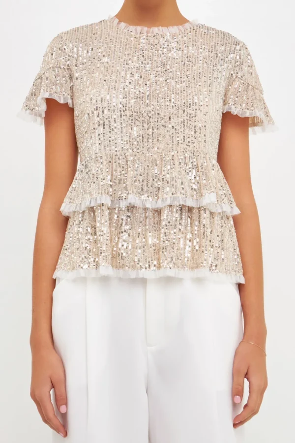 ENDLESS ROSE Tops*- Sequins Baby Doll Top with Mesh