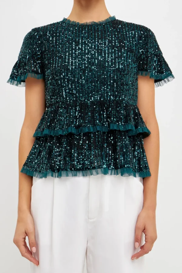 ENDLESS ROSE Tops*- Sequins Baby Doll Top with Mesh