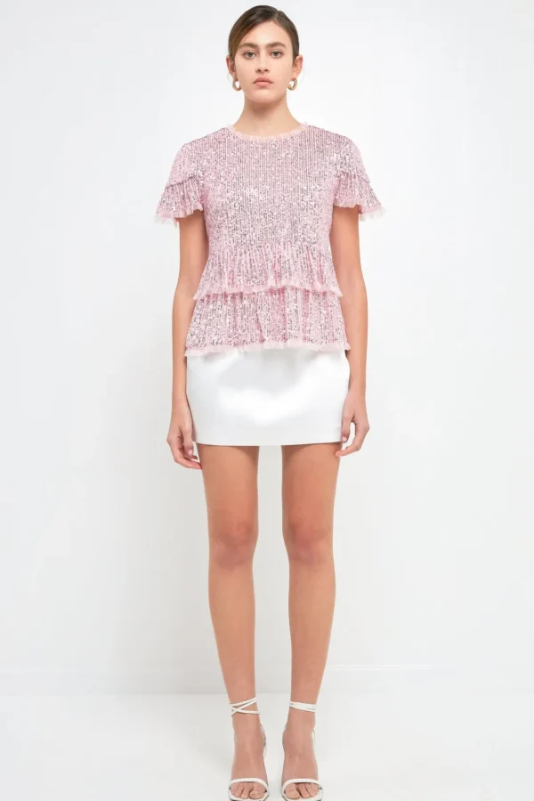 ENDLESS ROSE Tops*- Sequins Baby Doll Top with Mesh