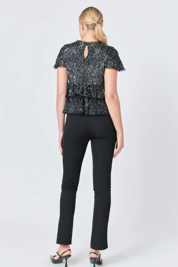 ENDLESS ROSE Tops*- Sequins Baby Doll Top with Mesh