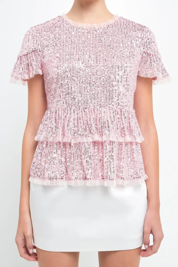 ENDLESS ROSE Tops*- Sequins Baby Doll Top with Mesh