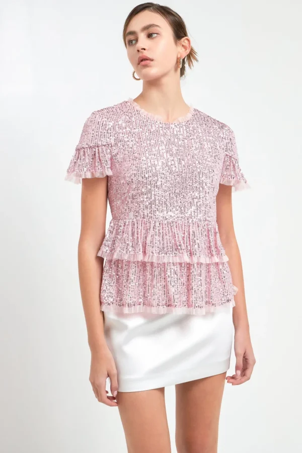 ENDLESS ROSE Tops*- Sequins Baby Doll Top with Mesh