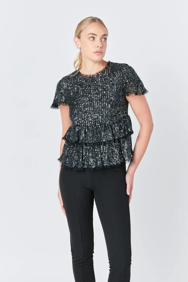 ENDLESS ROSE Tops*- Sequins Baby Doll Top with Mesh
