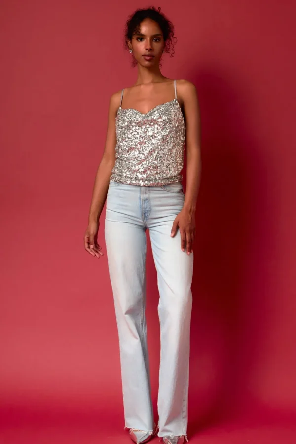 ENDLESS ROSE Tops*- Sequins Cowl Neck Top SILVER