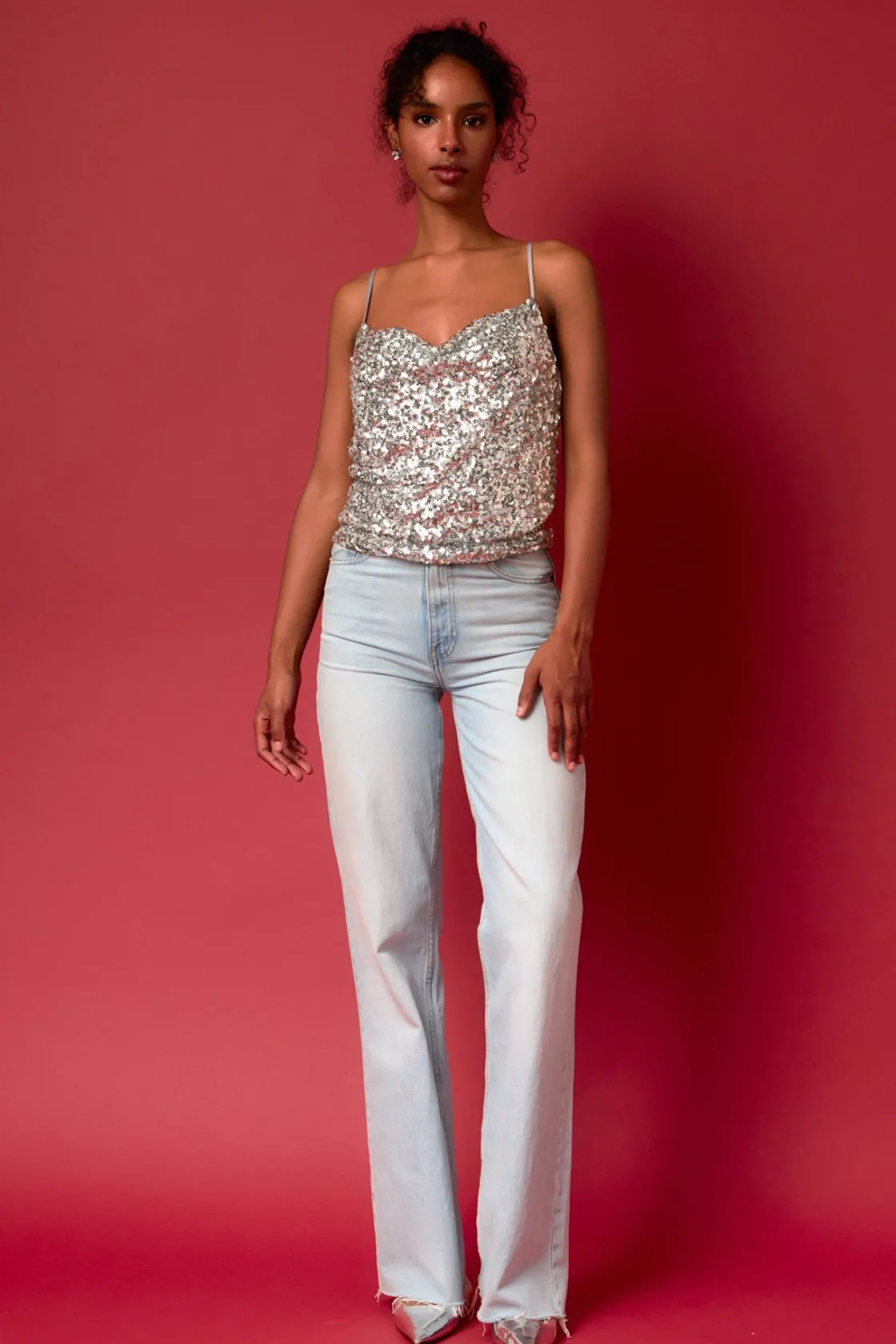 endless_rose__sequins_cow_1.webp ENDLESS ROSE Tops*- Sequins Cowl Neck Top SILVER