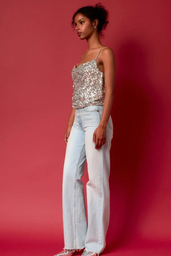 ENDLESS ROSE Tops*- Sequins Cowl Neck Top SILVER