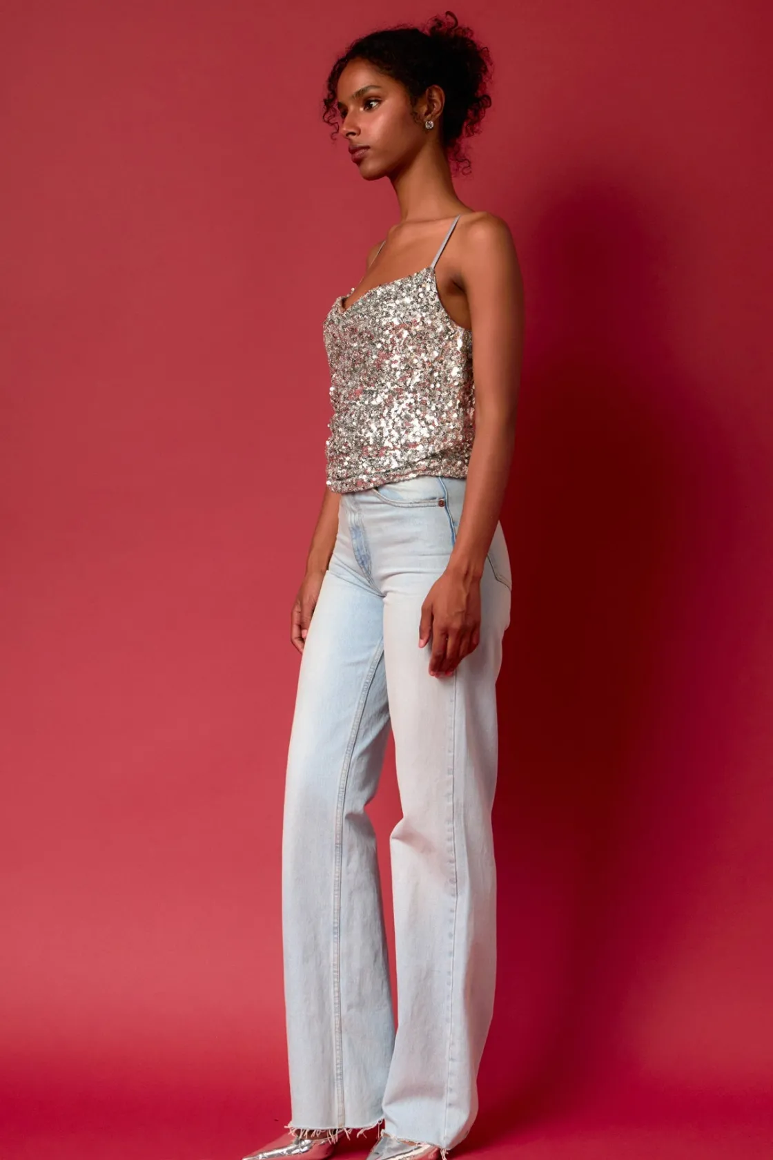 endless_rose__sequins_cow_2.webp ENDLESS ROSE Tops*- Sequins Cowl Neck Top SILVER