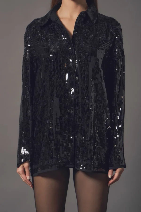 ENDLESS ROSE Tops*- Sequins Dress Shirt BLACK