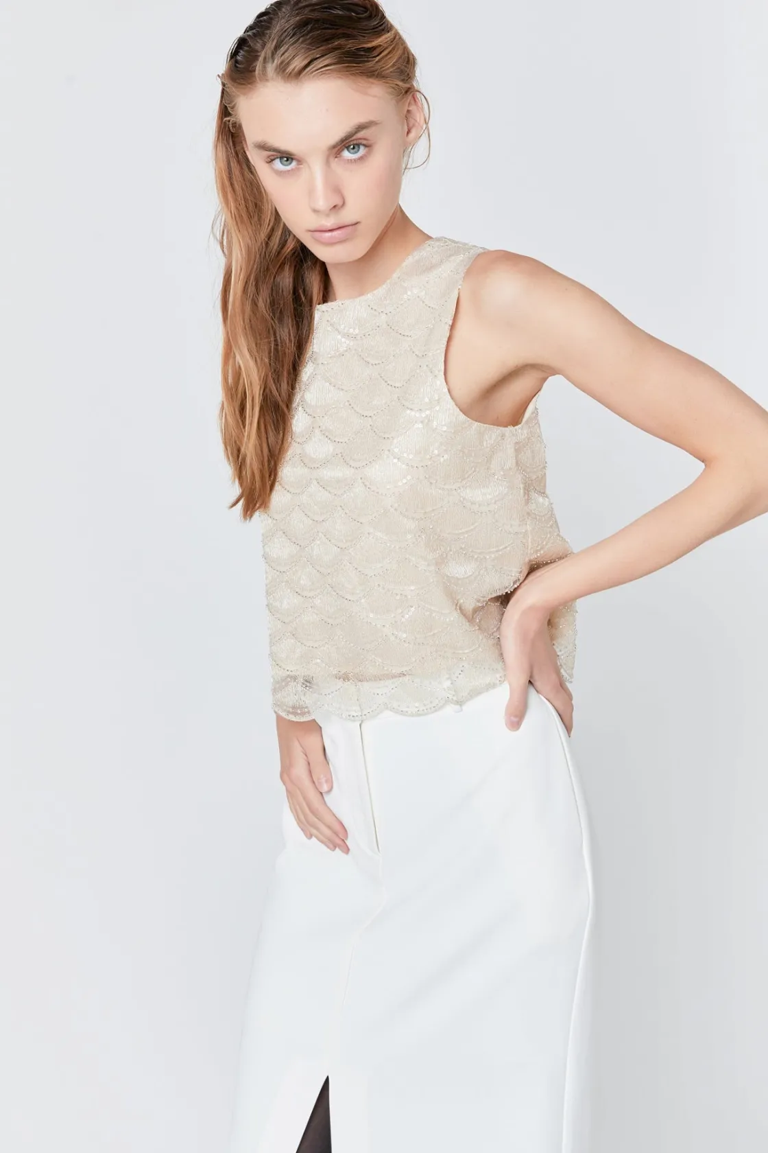endless_rose__sequins_emb_3.webp ENDLESS ROSE Tops*- Sequins Embellished Top CHAMPAGNE