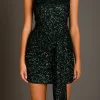 ENDLESS ROSE One Shoulder | Tops*- Sequins Front Wrap Mini Dress EMERALD
