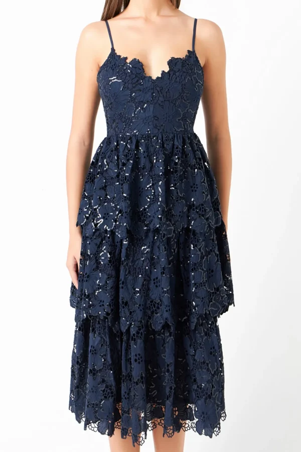 ENDLESS ROSE Lace Dresses | Sequin Dresses*- Sequins Lace Tiered Dress NAVY