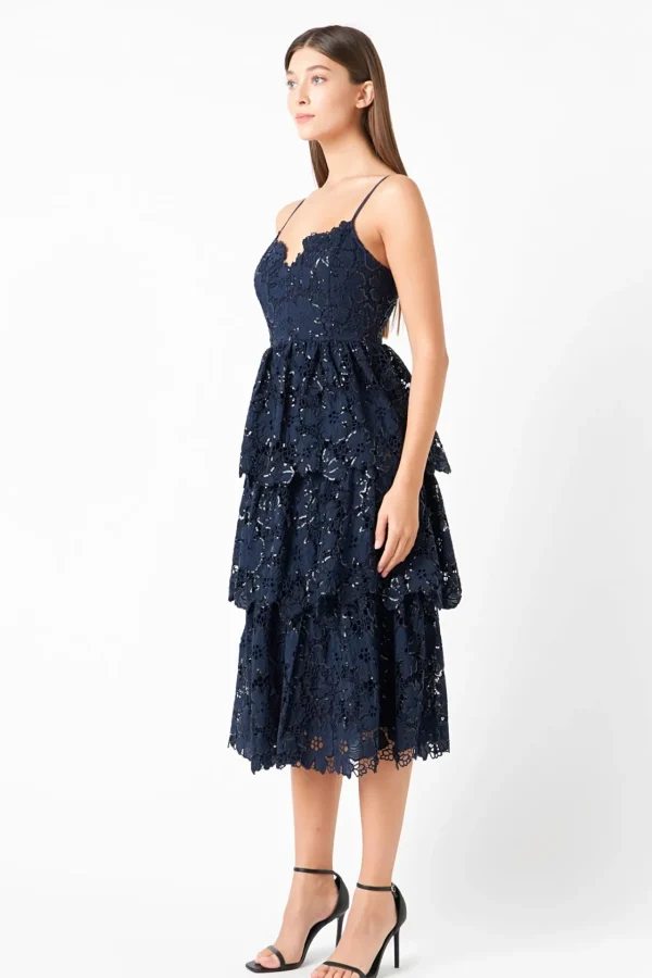 ENDLESS ROSE Lace Dresses | Sequin Dresses*- Sequins Lace Tiered Dress NAVY