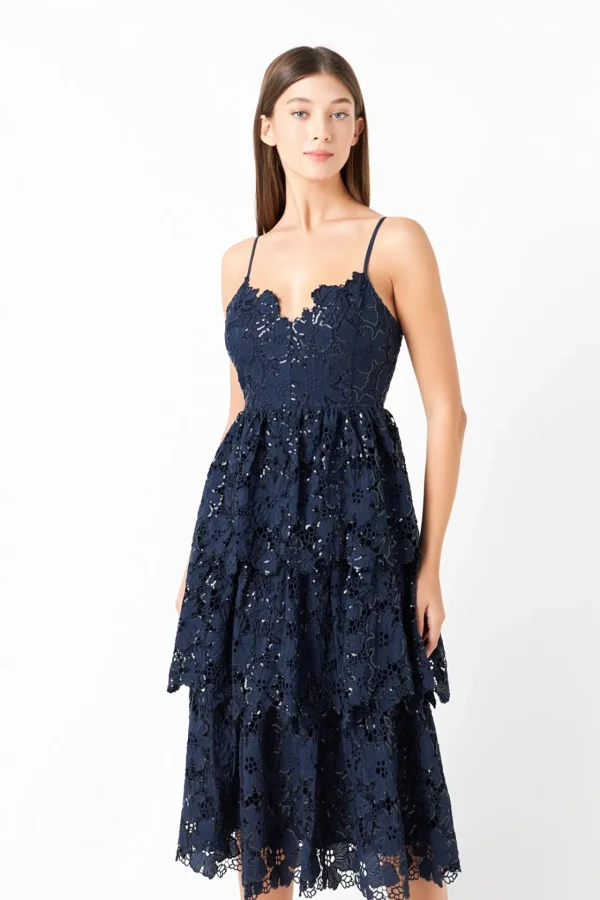 ENDLESS ROSE Lace Dresses | Sequin Dresses*- Sequins Lace Tiered Dress NAVY