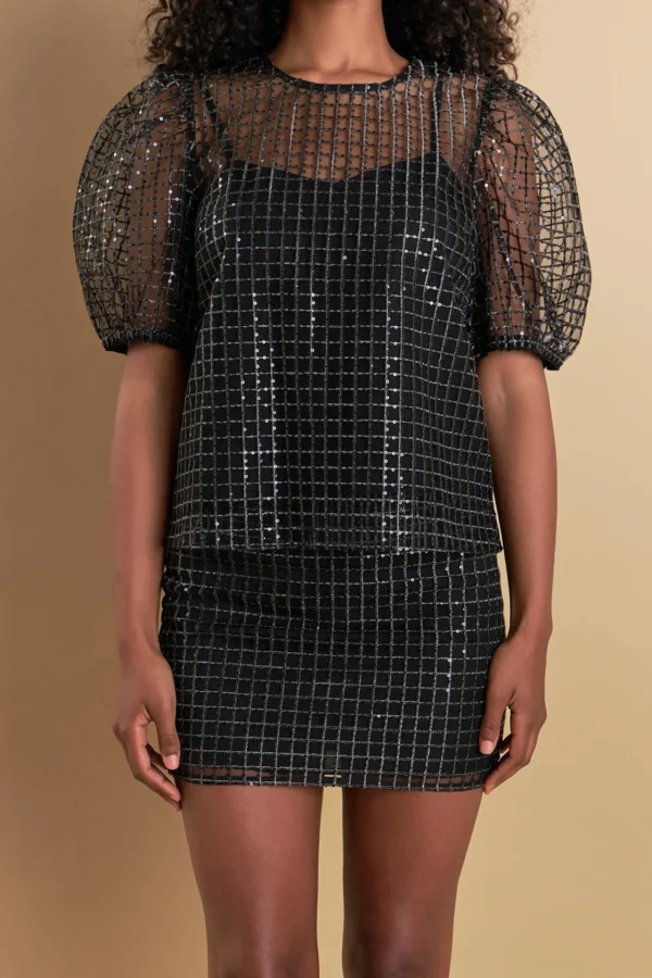 ENDLESS ROSE Tops*- Sequins Mesh Grid Top BLACK