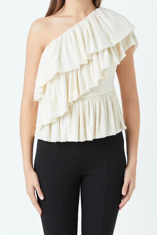 ENDLESS ROSE Tops*- Sequins One Shoulder Ruffle Top OPAL
