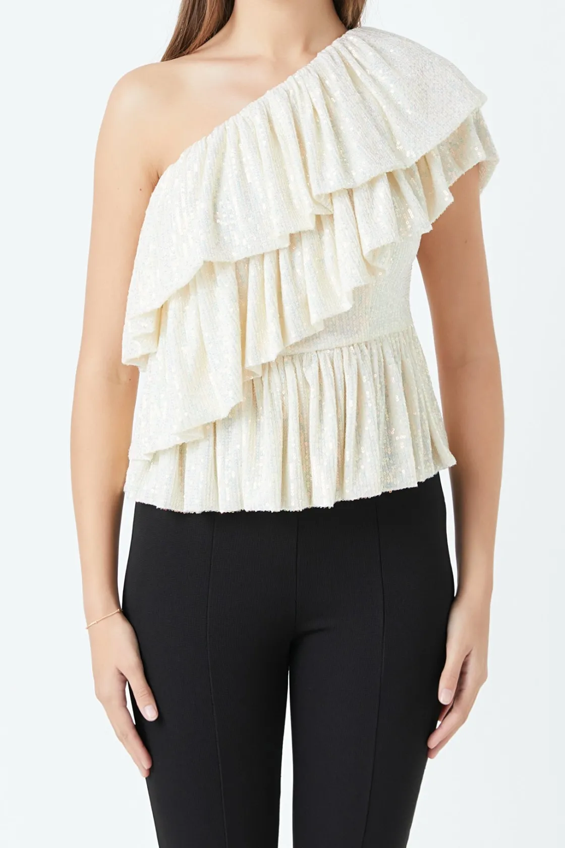 endless_rose__sequins_one_0.webp ENDLESS ROSE Tops*- Sequins One Shoulder Ruffle Top OPAL
