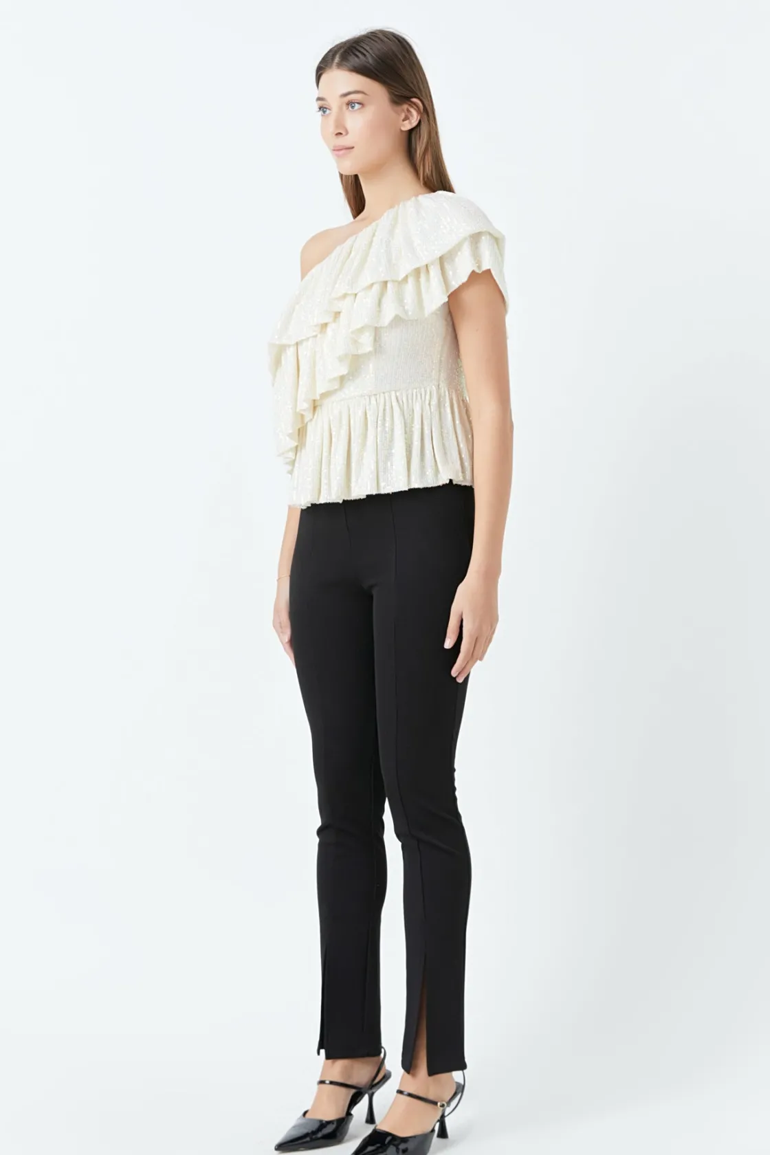 endless_rose__sequins_one_1.webp ENDLESS ROSE Tops*- Sequins One Shoulder Ruffle Top OPAL