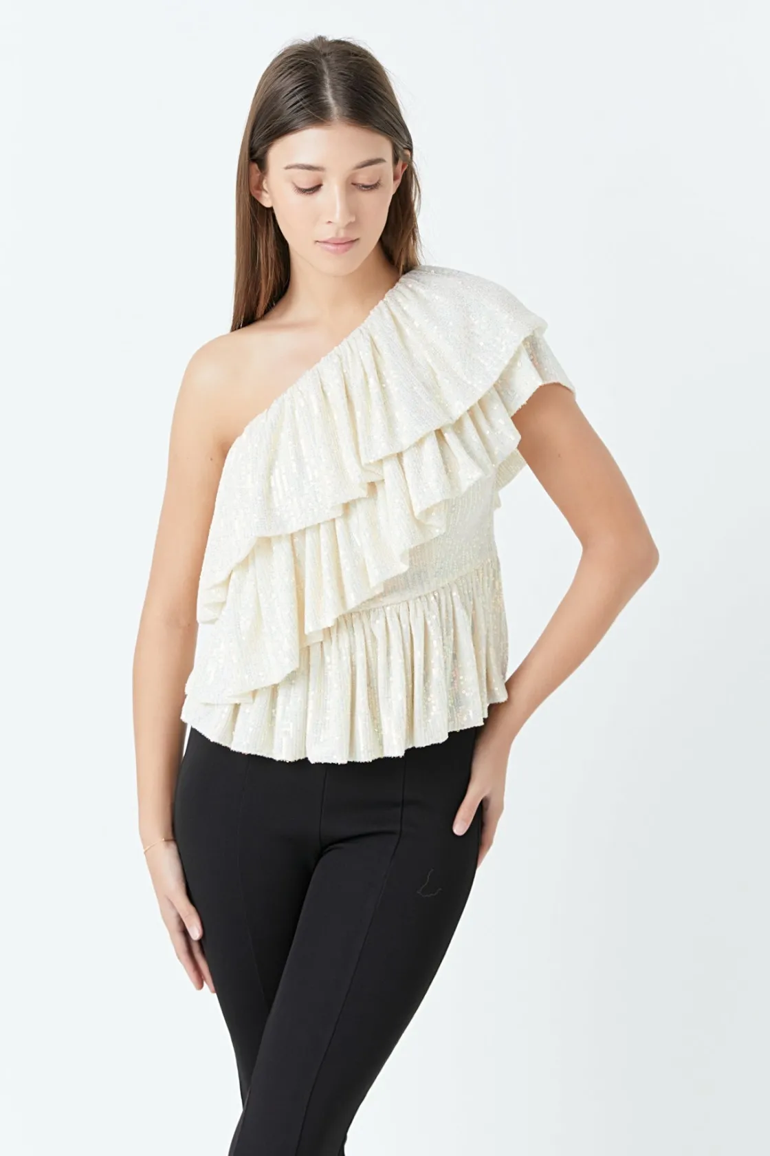 endless_rose__sequins_one_3.webp ENDLESS ROSE Tops*- Sequins One Shoulder Ruffle Top OPAL