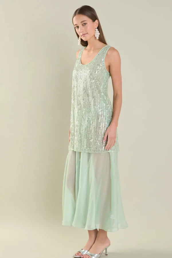 ENDLESS ROSE Sequin Dresses | Tops*- Sequins Overlay Chiffon Maxi Dress SAGE