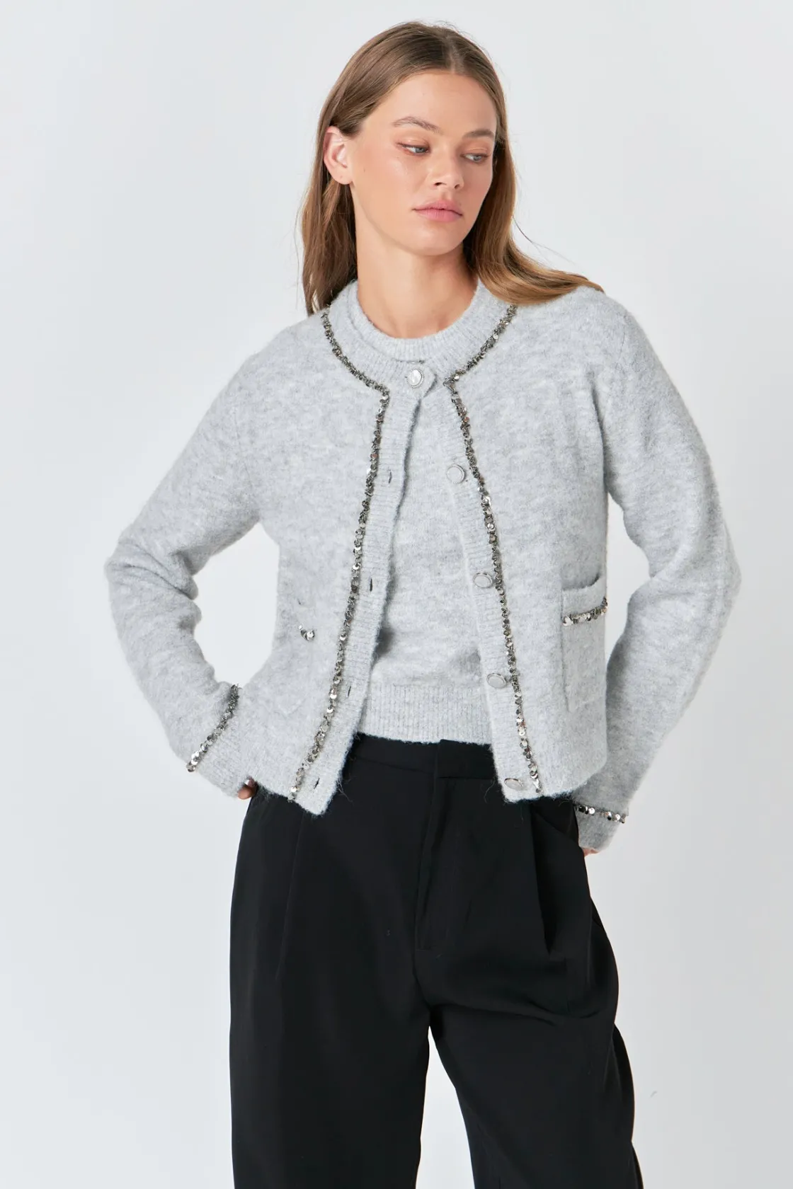 endless_rose__sequins_tri_3.webp ENDLESS ROSE Sweaters & Knits | Tops*- Sequins Trim Cardigan