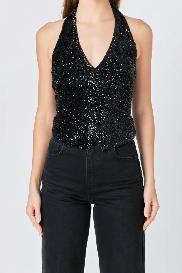 ENDLESS ROSE Tops*- Sequins Velvet Halter Top BLACK
