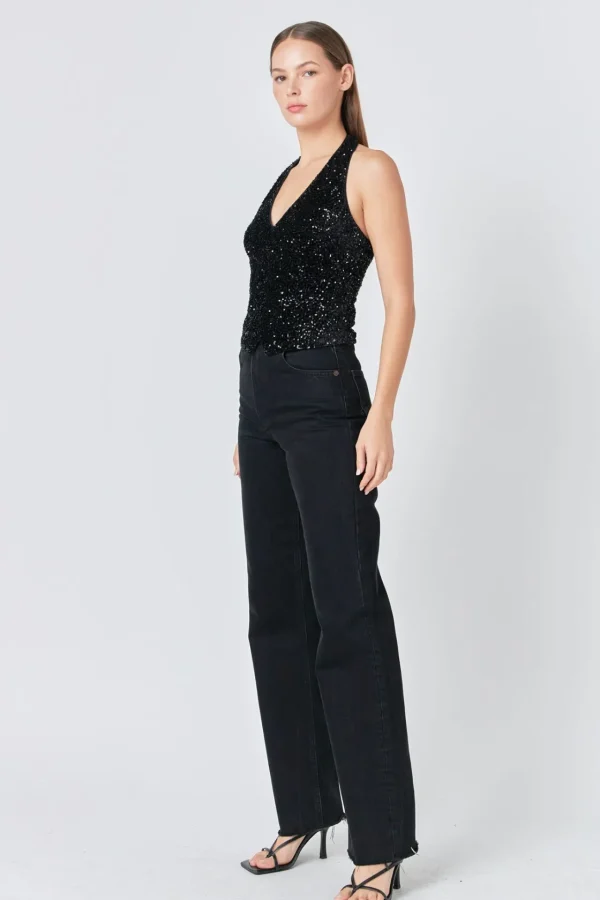 ENDLESS ROSE Tops*- Sequins Velvet Halter Top BLACK