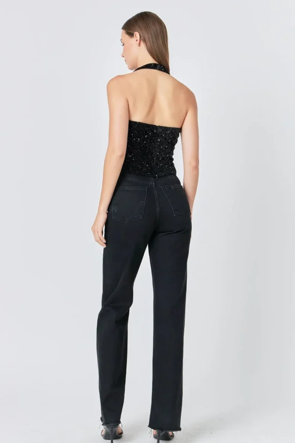 ENDLESS ROSE Tops*- Sequins Velvet Halter Top BLACK
