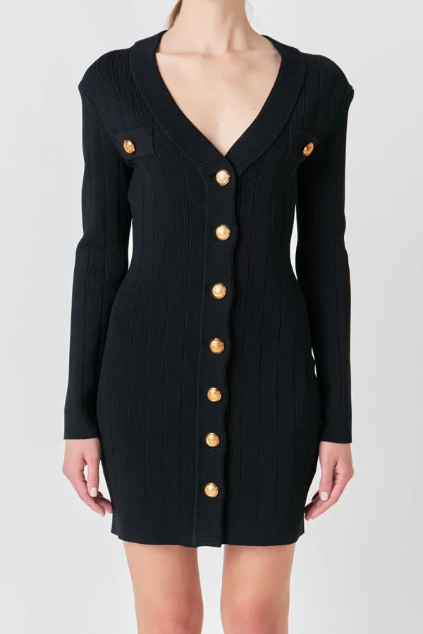 ENDLESS ROSE Knit Dresses | Little Black Dress*- Shank Button V-Neckline Knit Mini Dress