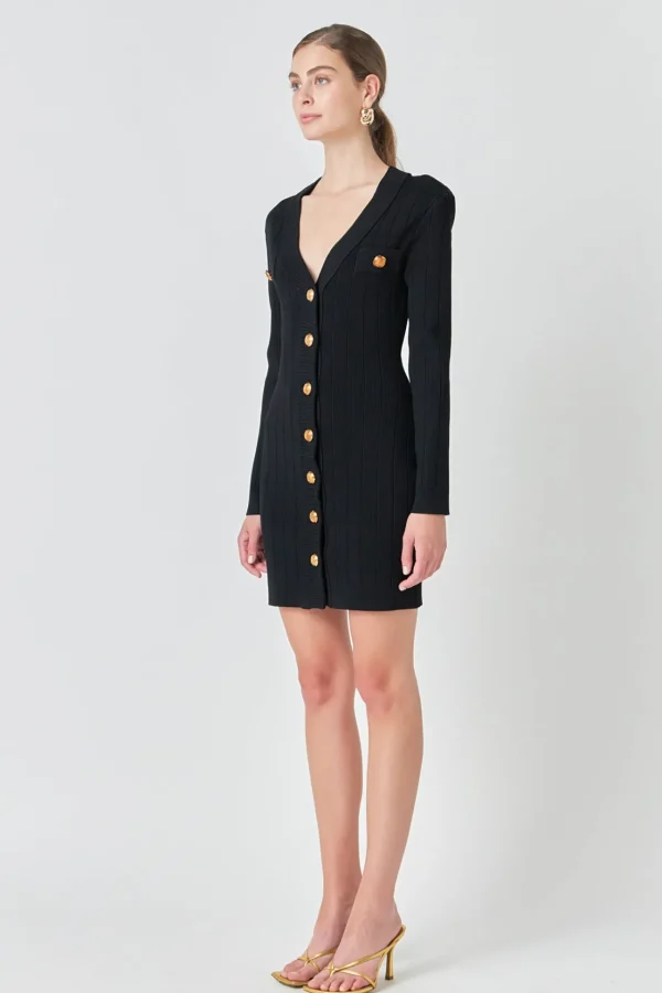 ENDLESS ROSE Knit Dresses | Little Black Dress*- Shank Button V-Neckline Knit Mini Dress